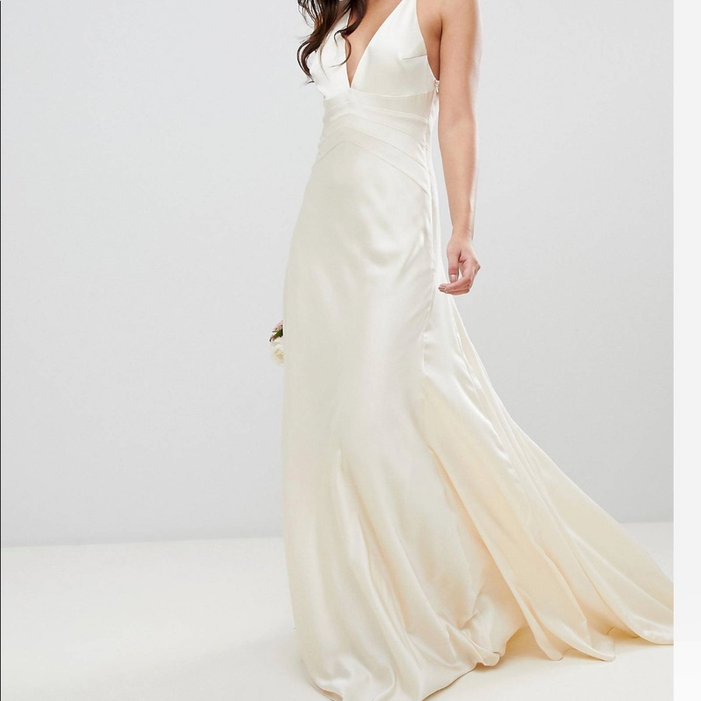 ASOS edition satin paneled wedding dress with fishtail, size 2, New with tags.